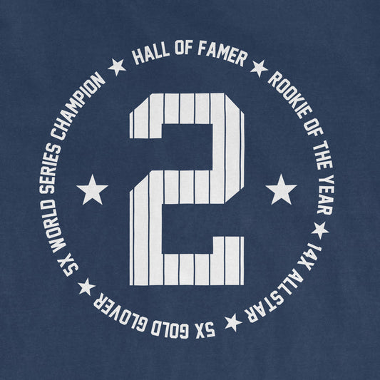 Alt text: Navy blue Comfort Colors t-shirt featuring a large white number 2 with sports achievements written in a circular pattern, including "Hall of Famer," "Rookie of the Year," and "5x World Series Champion."