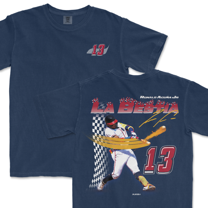 Navy t-shirt featuring Ronald Acuña Jr. graphic with "La Bestia" text and checkered pattern, showcasing his iconic swing.