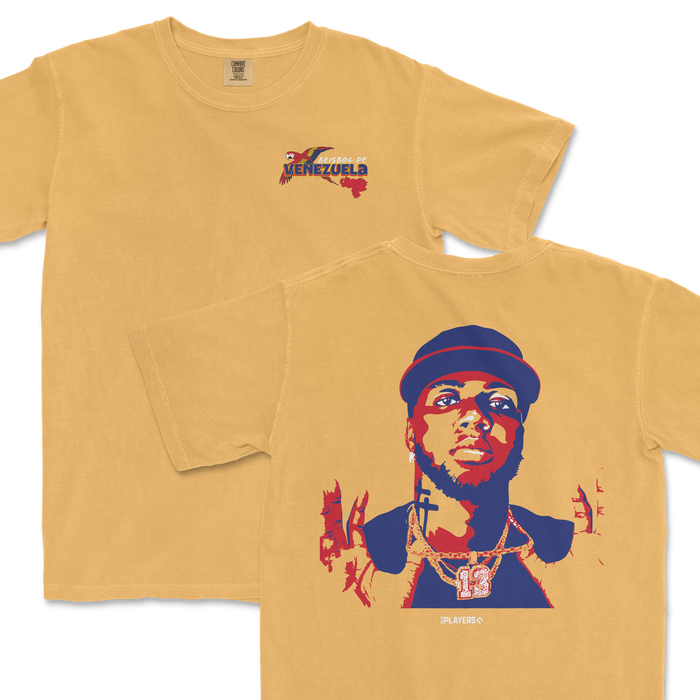 Beige Comfort Colors T-shirt featuring Acuña x VEN - Country Series design with a portrait of a man wearing a hat, chains, and jewelry.