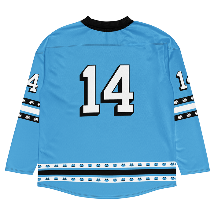 Light blue floorball jersey featuring the number 14 on the back and striped accents on the sleeves.