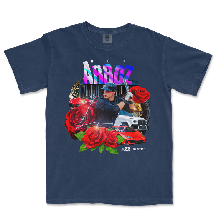 Comfort Colors navy T-shirt featuring a collage of a baseball player, luxury cars, roses, and vibrant "ARROZ" text.