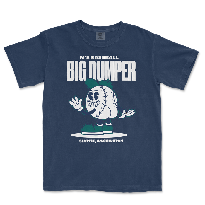 Navy t-shirt featuring a cartoon baseball character named Big Dumper, with text reading "M's Baseball" and "Seattle, Washington.