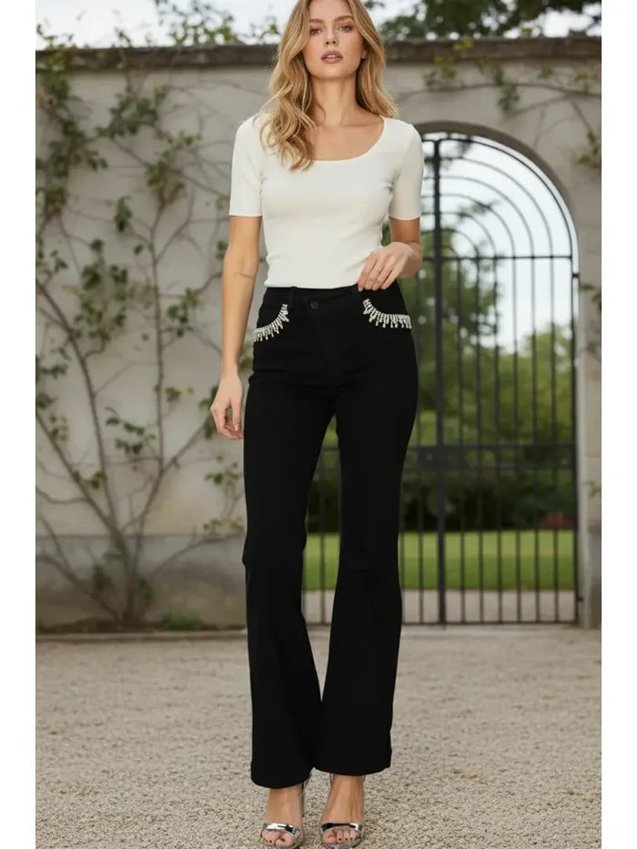Black Crystal Pocket Flare Jeans - Born To Glam