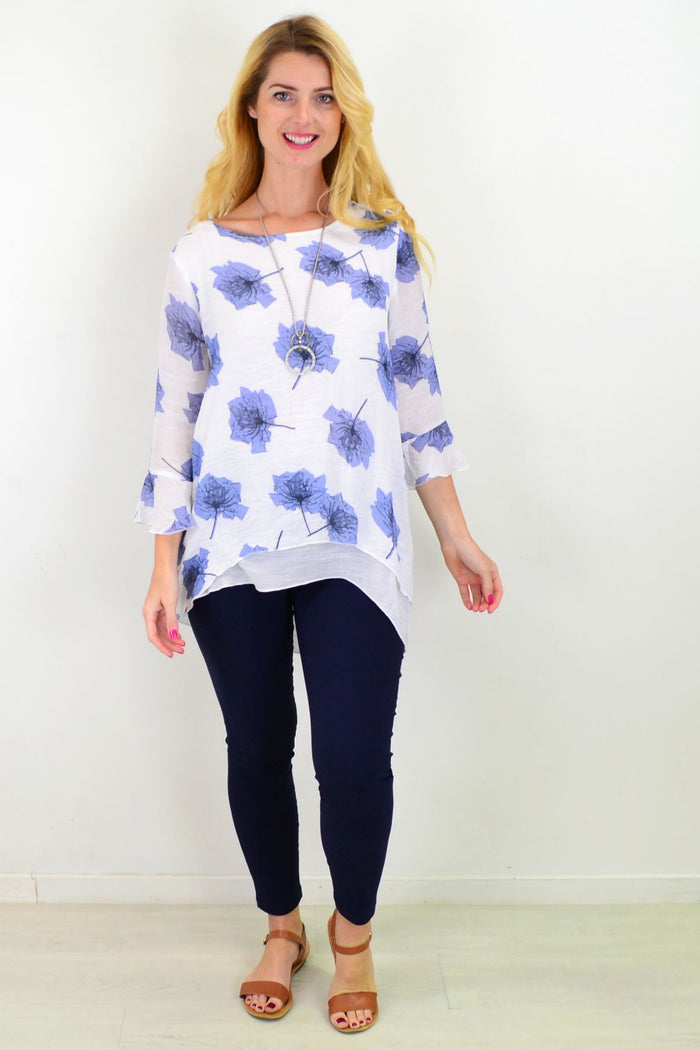 Blue Maple Leaf layered tunic top by Caroline Morgan, featuring a flowy design with layered fabric and a vibrant leaf pattern.