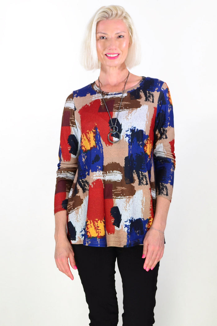 Brown Blue Red Paint Splash Tunic Top