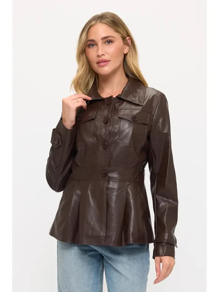 Brown coffee faux leather utility jacket with button-front details, utility pockets, long sleeves, and a tailored waist.