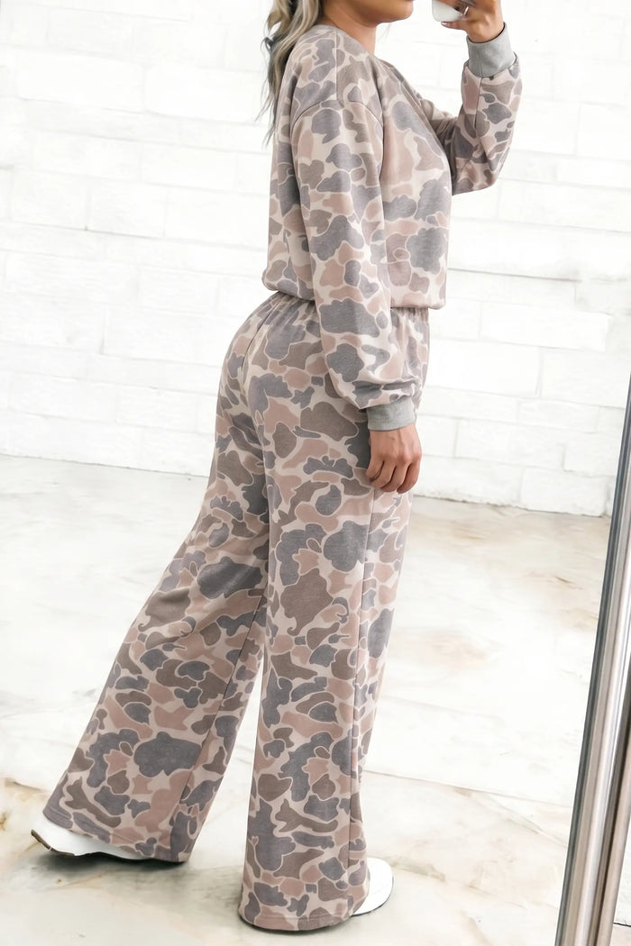 Camouflage Long Sleeve Round Neck Two-Piece Plus Size Set – Multicolour