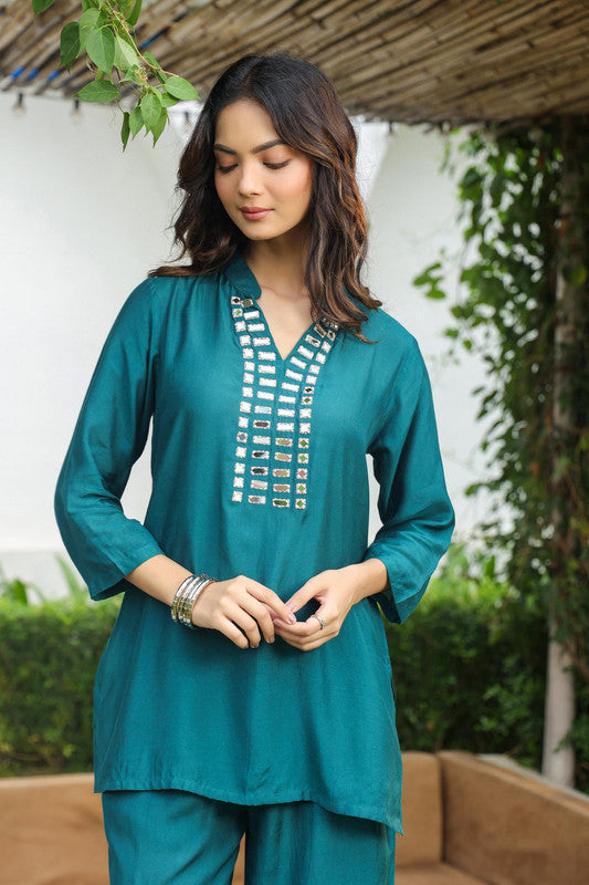 Elegant Teal Handcrafted Mirror-Work Russian Silk Co-ord Set