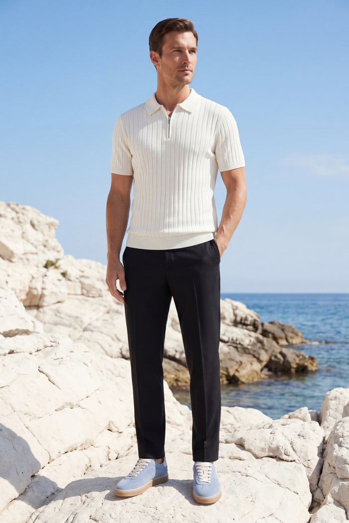 Elio Ribbed Zip Polo White