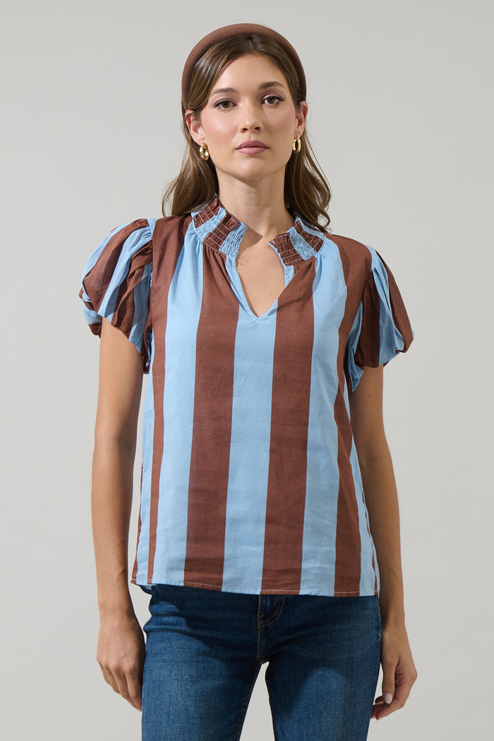 Evabelle Stripe Poly Smocked Top