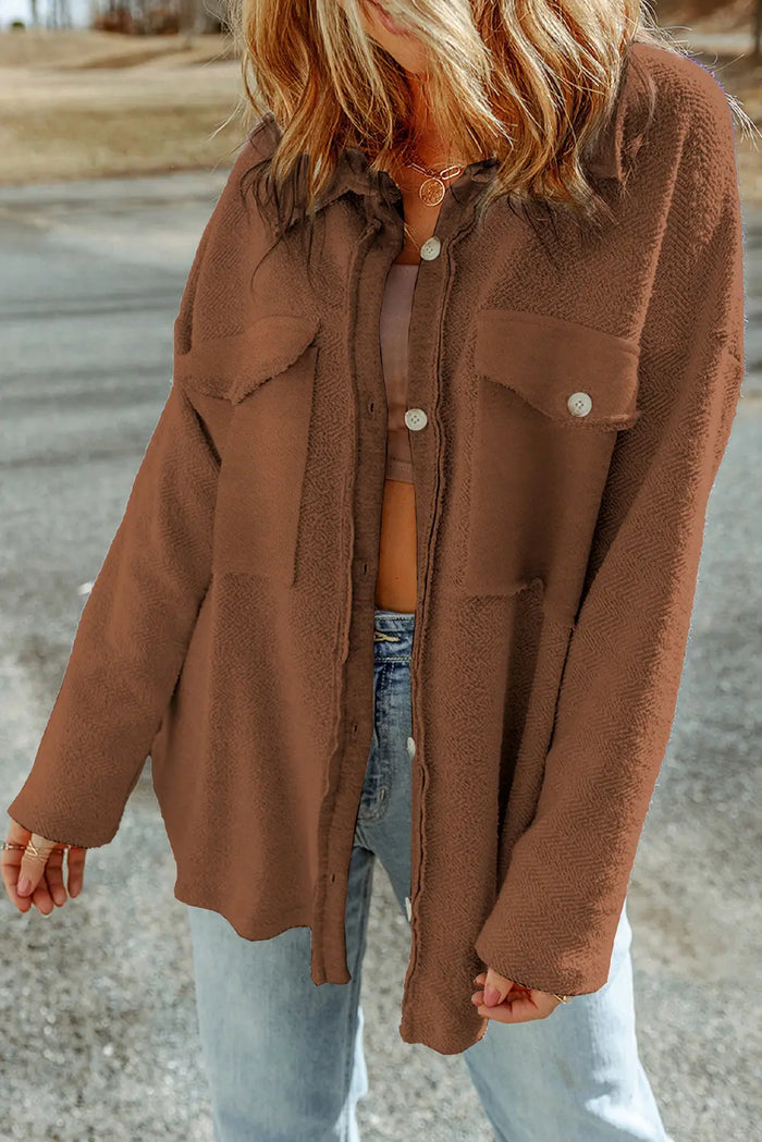 Exposed Seam Terry Patchwork Shacket – Brown