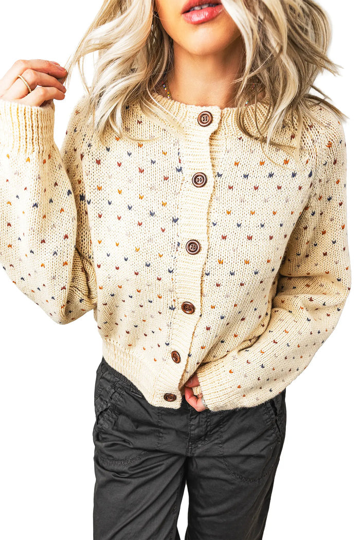 Geometric Print Button Front Long Sleeve Regular Fit Cardigan – Beige