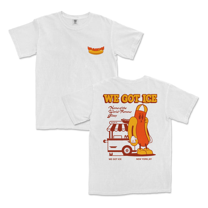 White Comfort Colors T-shirt featuring a cartoon hot dog character with "We Got Ice" text, hot dog stand, and playful design.