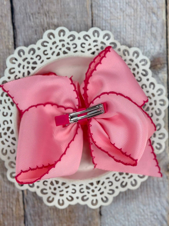 Hair Bow Clip Pink Grosgrain with Hot Pink Moonstitch