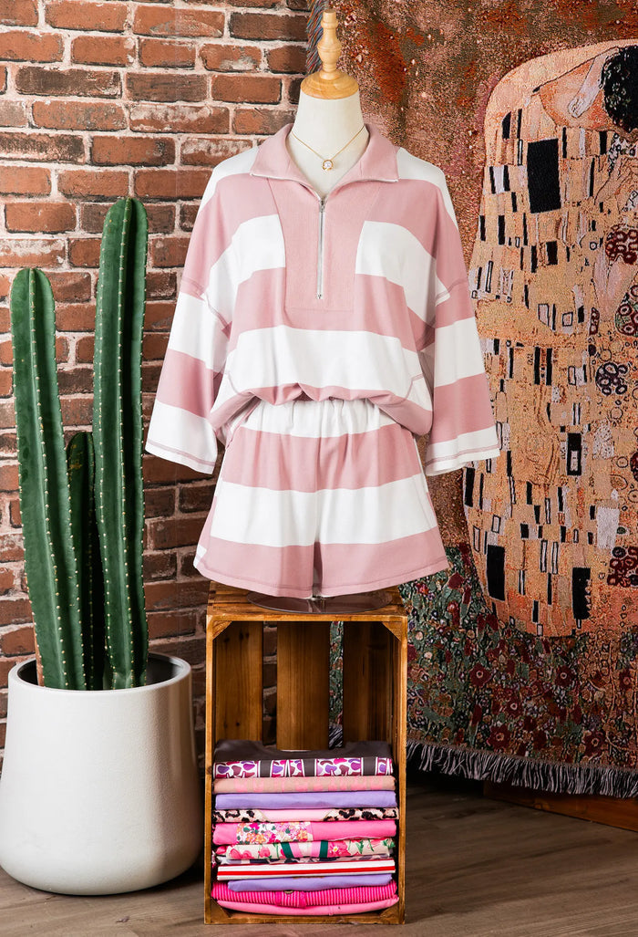 Half Zip Bracelet Sleeve Top Casual Short Set – Pink Stripe