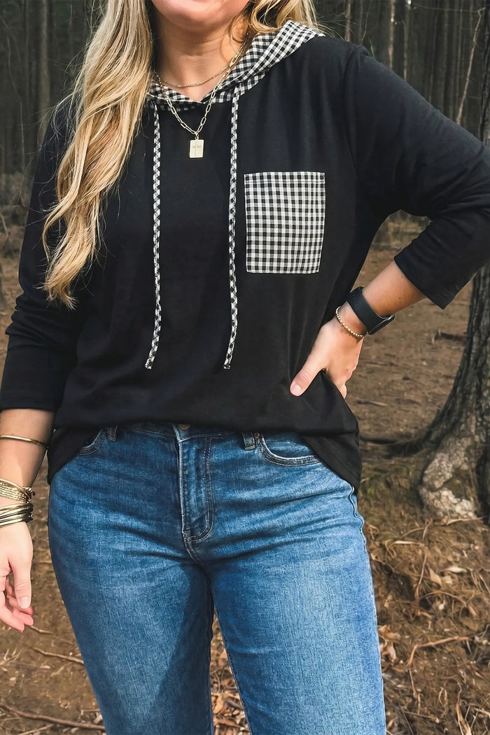 Hooded Gingham Paneling Chest Patch Pocket Long Sleeve Plus Size Blouse – Black