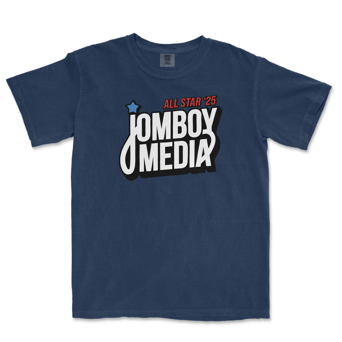 Navy blue t-shirt featuring bold "Jomboy Media" logo and "All Star '25" text, perfect for sports fans.