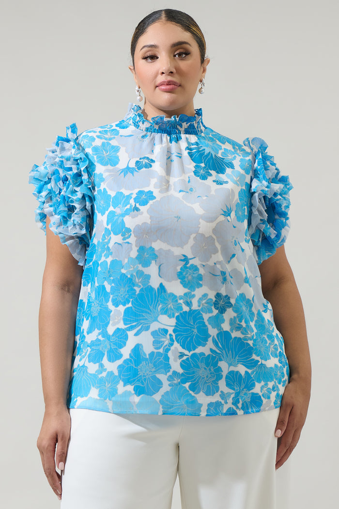 Kerela Floral Brenna Mock Neck Ruffle Blouse Curve