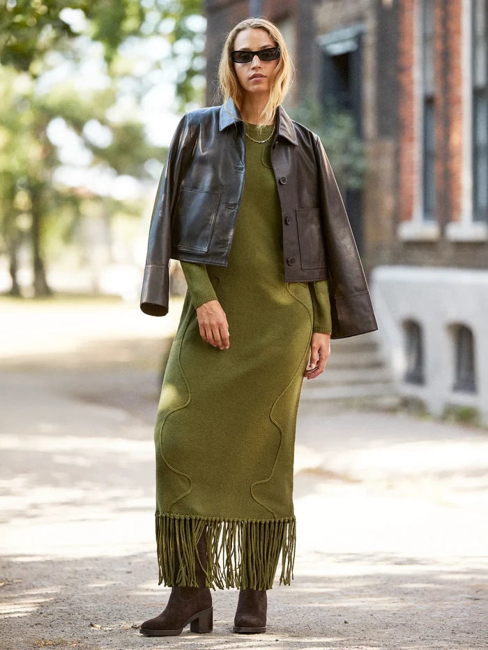 Khaki-Green Appliqued Knit Midi Dress with Wool