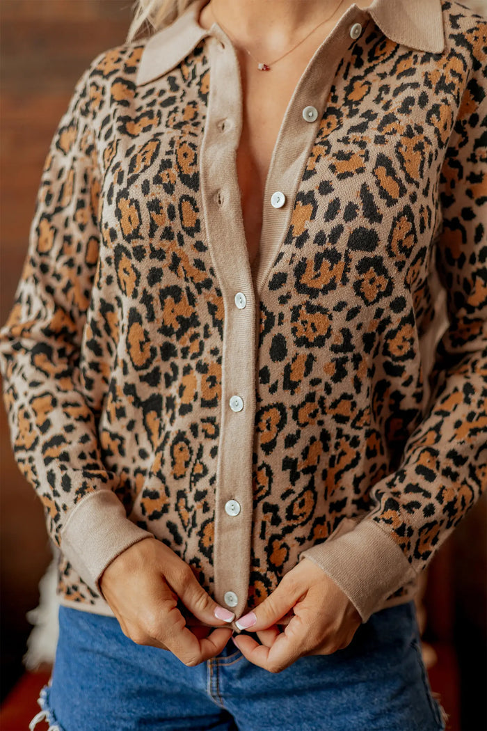 Leopard Print Button-Up Cardigan Long Sleeve Cardigans – Brown