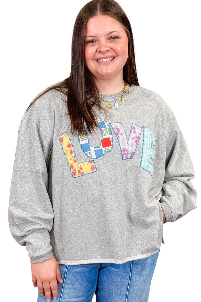 Long Sleeve Patch Embroidery Tunic Plus Size Blouse – Light Grey