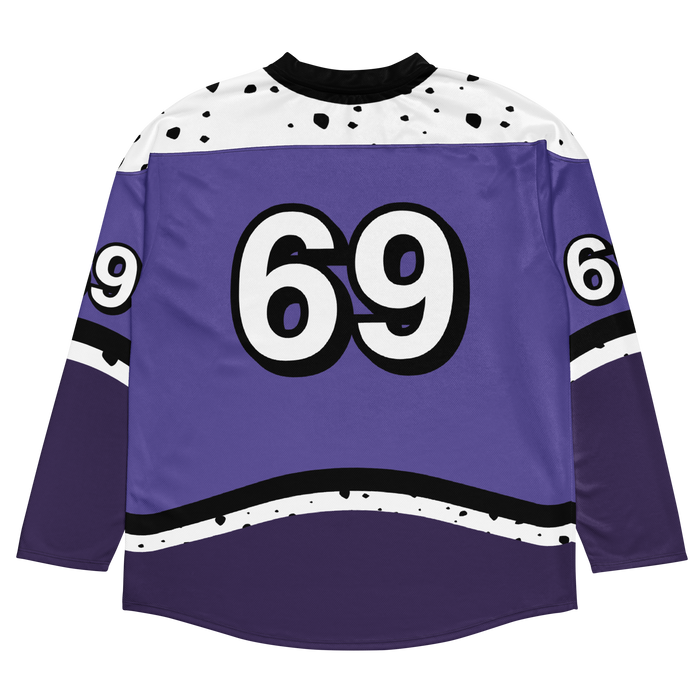 Purple floorball jersey featuring bold black and white number 69, designed for performance and style.