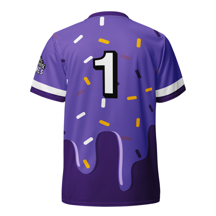 Purple sports jersey with a large white number "1" on the back, decorated with colorful confetti and a dripping design.