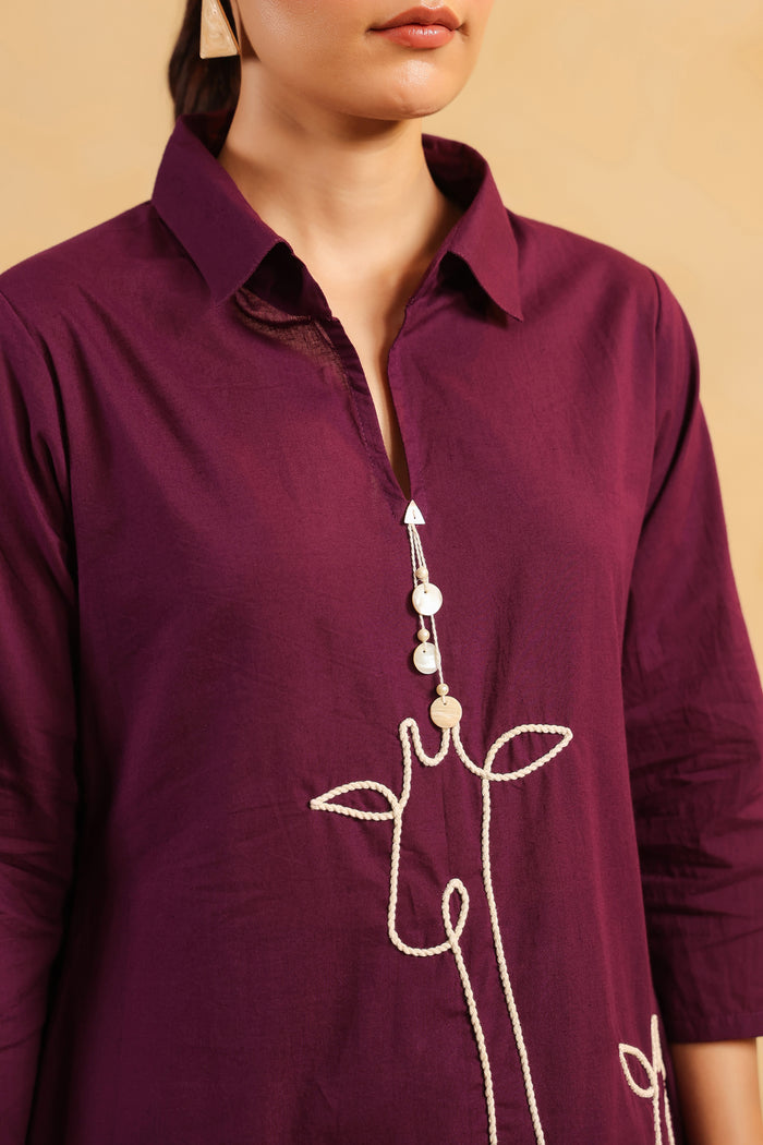 Majestic Muse Giraffe Purple Embroidered Cotton Co-ord Set