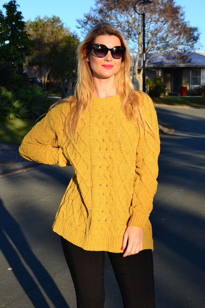 Mustard yellow chain stitch knit tunic jumper by Cafe Latte, showing close-up of textured fabric and relaxed fit design.