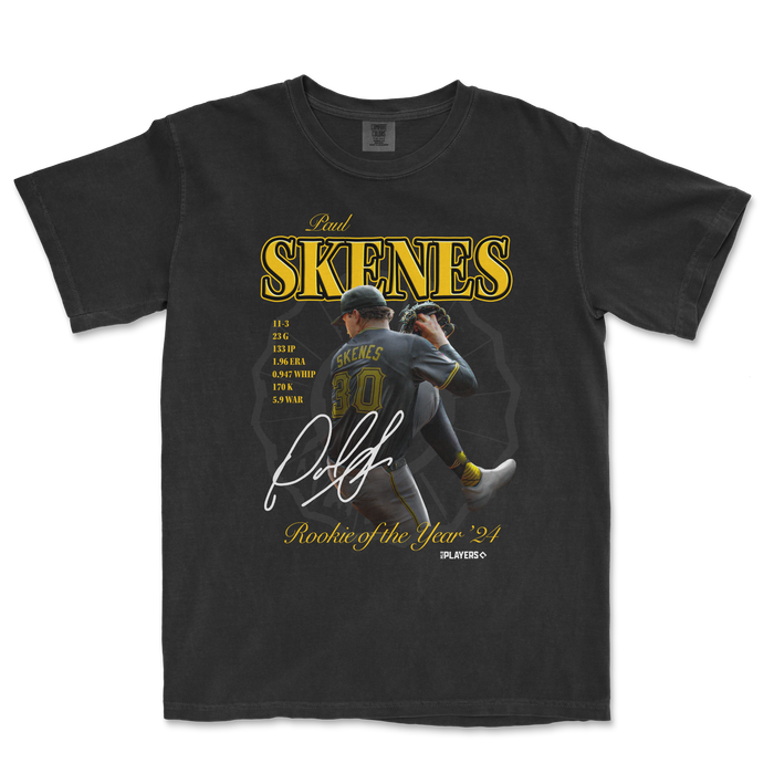 Black T-shirt featuring Paul Skene's 2024 Rookie of the Year design with a photo, stats, signature, and yellow and white text.