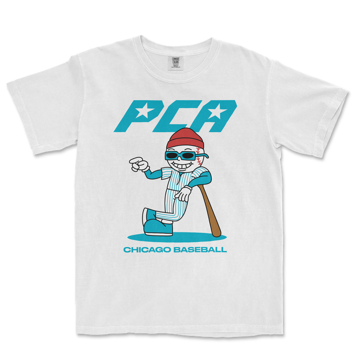 Pete Crow-Armstrong cartoon graphic t-shirt featuring a playful design with "PCA" and "Chicago Baseball" text.