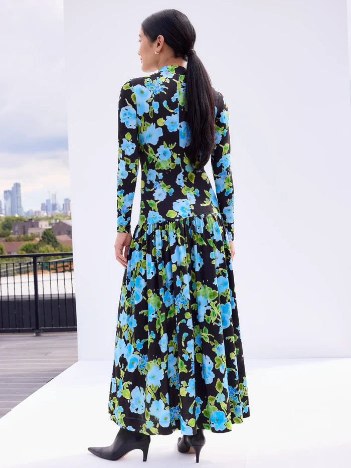 Petite Blue And Green Floral Dropped Waist Jersey Dress