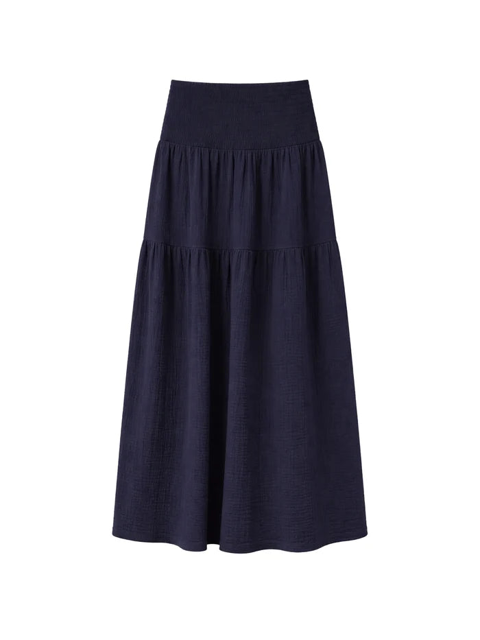 Navy Cheesecloth Shirred Waistband Skirt Co-Ord Resort Holiday Shop