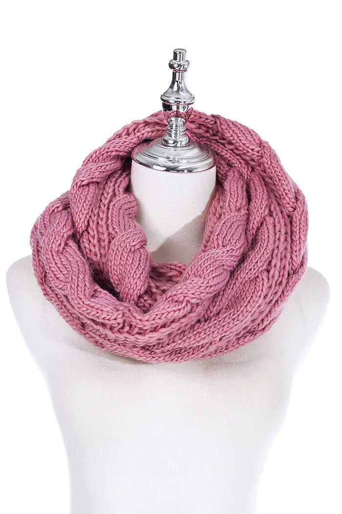 Pink infinity snood scarf by I Love Tunics, soft knitted circular scarf draped with a cozy, stylish look.