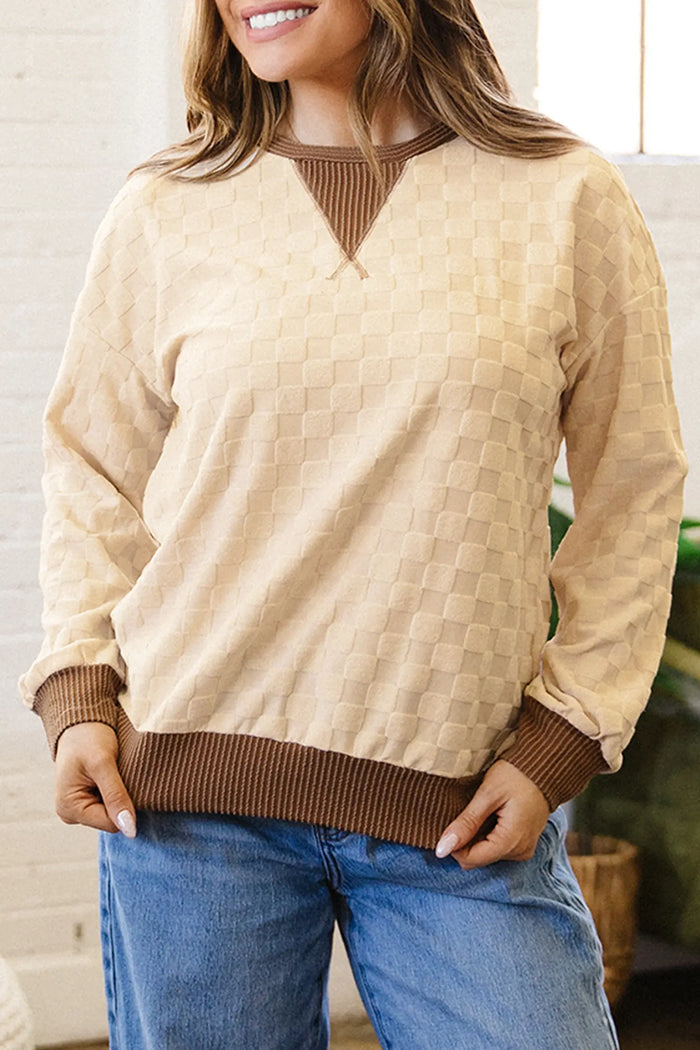 Plush Checkered Contrast Twisted Rib Long Sleeve Top – Parchment