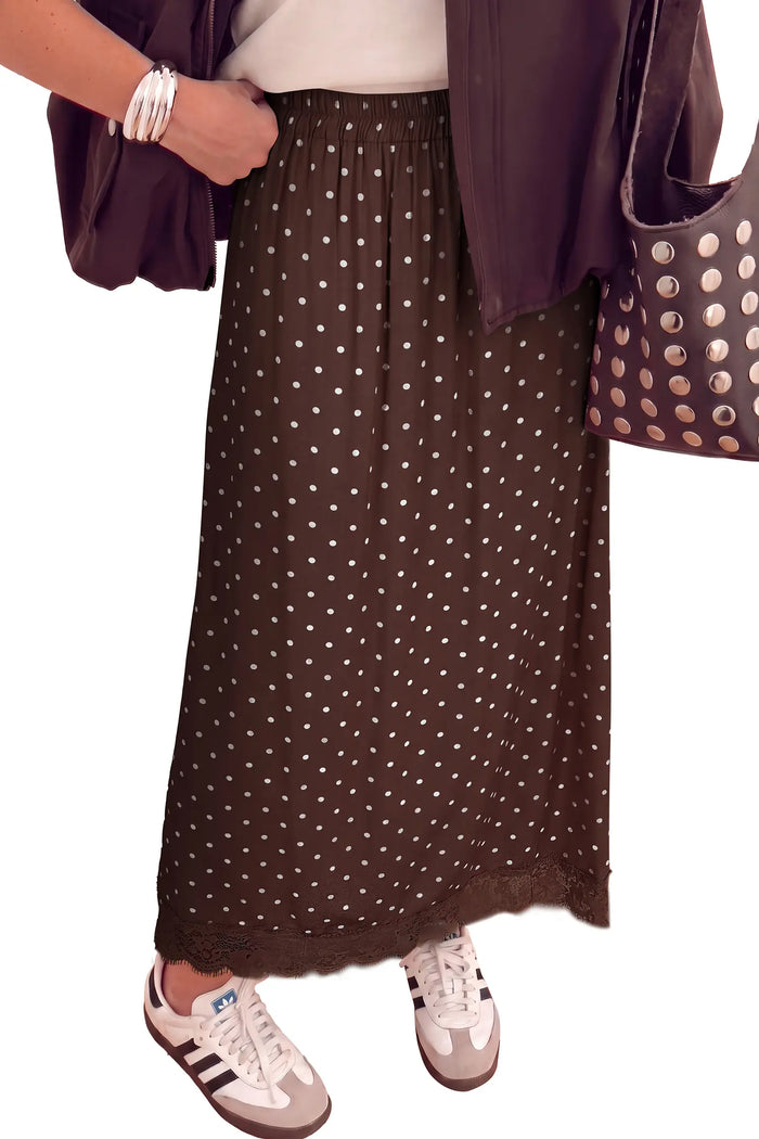 Polka Dot Lace Hem Elegant Long Shift Skirt – Khaki