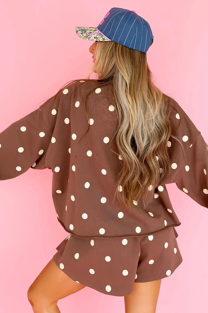 Polka Dot Raw Hem Relaxed Pullover Loose Skort Two Piece Set – Brown