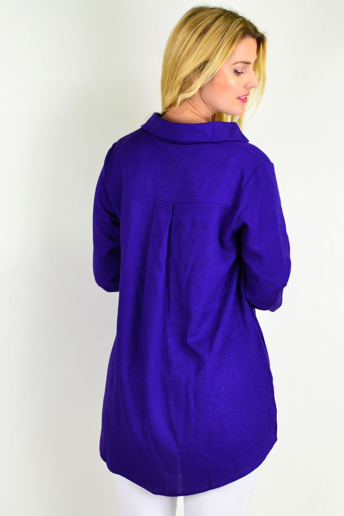Purple pocket linen cotton tunic top by Ruby Rain, shown with a relaxed fit and side pockets on lightweight, breathable fabric.