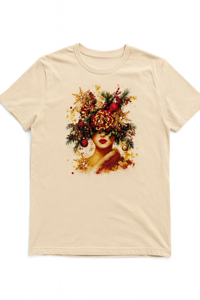 Short-sleeve crewneck graphic tee with a vibrant Queen of Christmas portrait print featuring florals, ornaments, and rich holiday colors.
