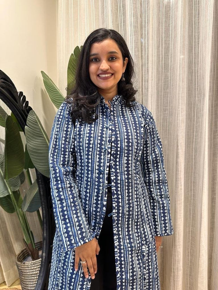Reversible Quilted Long Jacket- Indigo Boota