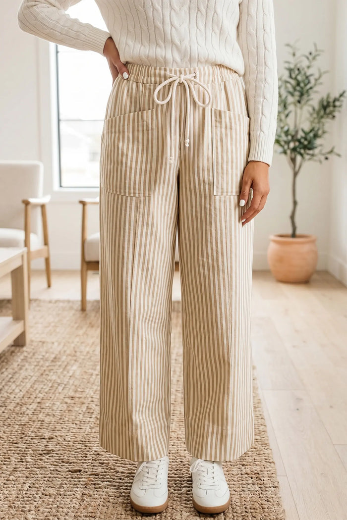 Ribbon Drawstring Waist Full-Length Shift Pant – Apricot Stripe