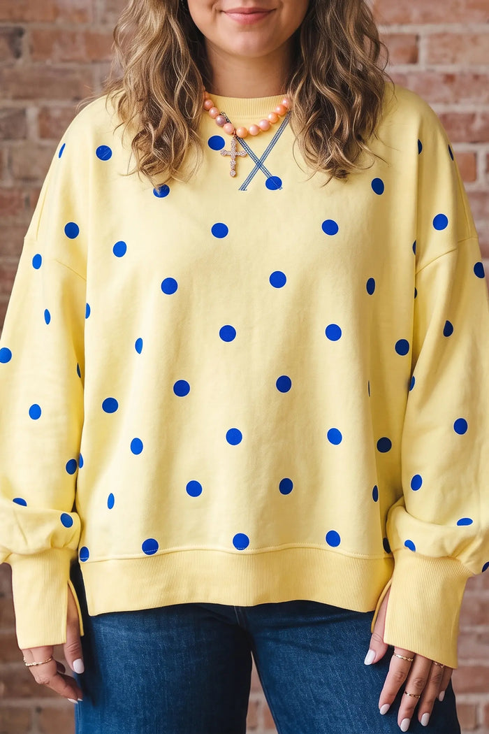 Round Neck Long Sleeve Polka Dot Plus Size Top – Beige