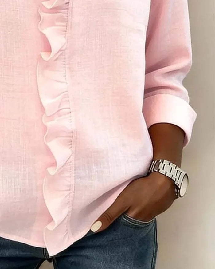 Ruffled V Neck Blouse Relaxed Fit Lightweight Fabric