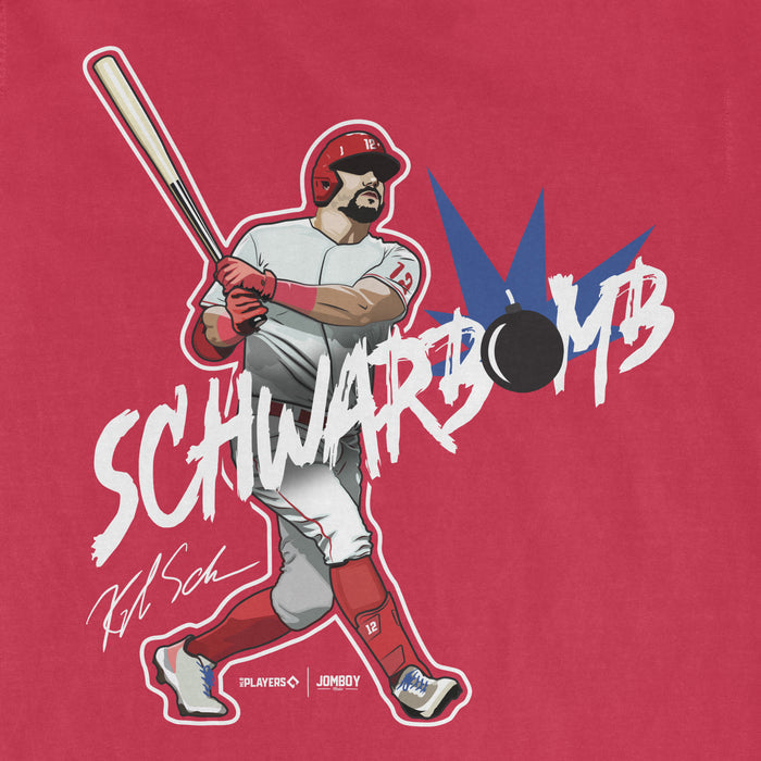 Illustration of a baseball player in a white uniform, holding a bat, with "Schwarbomb" text and a bomb graphic on a red background.