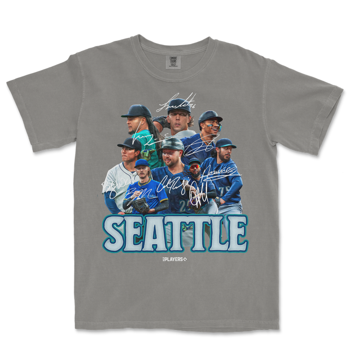 Gray T-shirt featuring a Seattle Mariners team graphic with players, signatures, and "SEATTLE" text in bold blue letters.