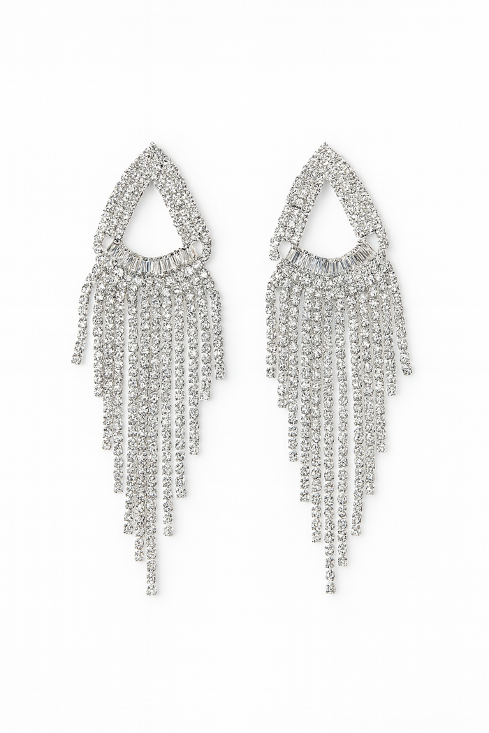 Silver-tone crystal fringe statement earrings with a geometric crystal frame and elongated shimmering fringe drops.