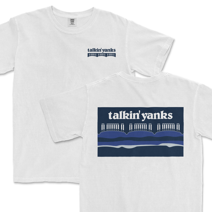 White T-shirt featuring the "Talkin' Yanks Outdoors" logo with a bridge and water design in blue tones, perfect for outdoor enthusiasts.
