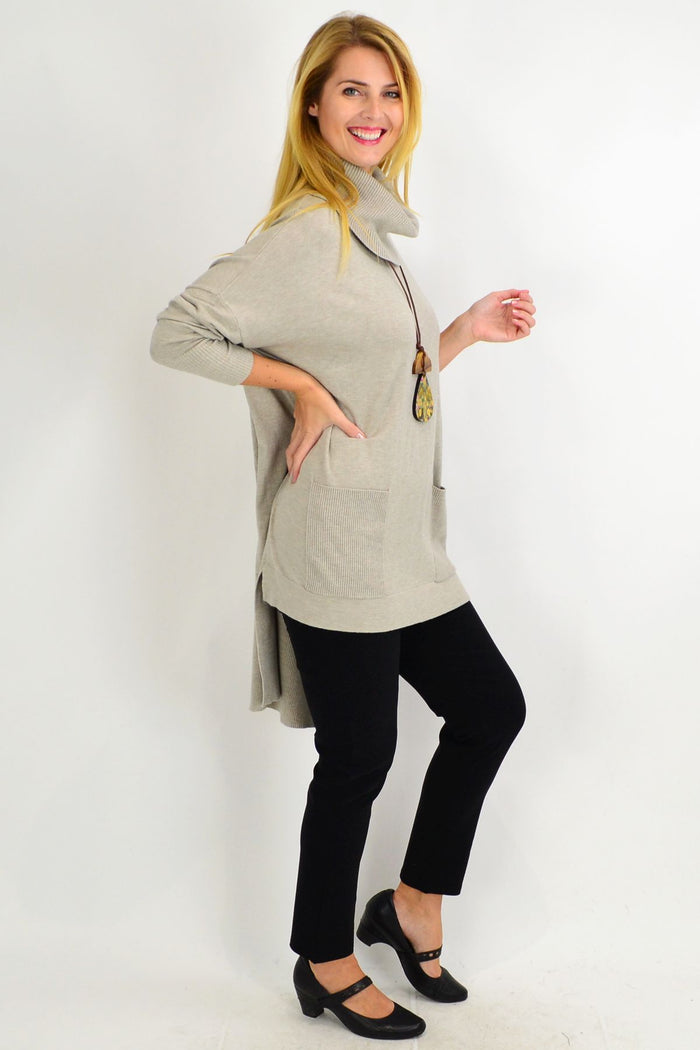 Taupe Taylor Winter Knit Tunic by Cali&Co featuring a cowl neck, cozy knit fabric, and relaxed fit for cold weather comfort.