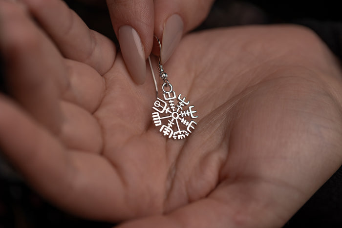 vkngjewelry Earrings Vegvisir Compass Earrings, Silver Runic Wayfinder
