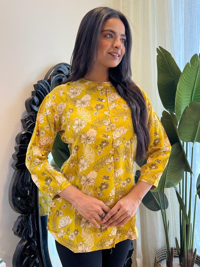 Weekend Rayon Short Kurta- Mustard Floral